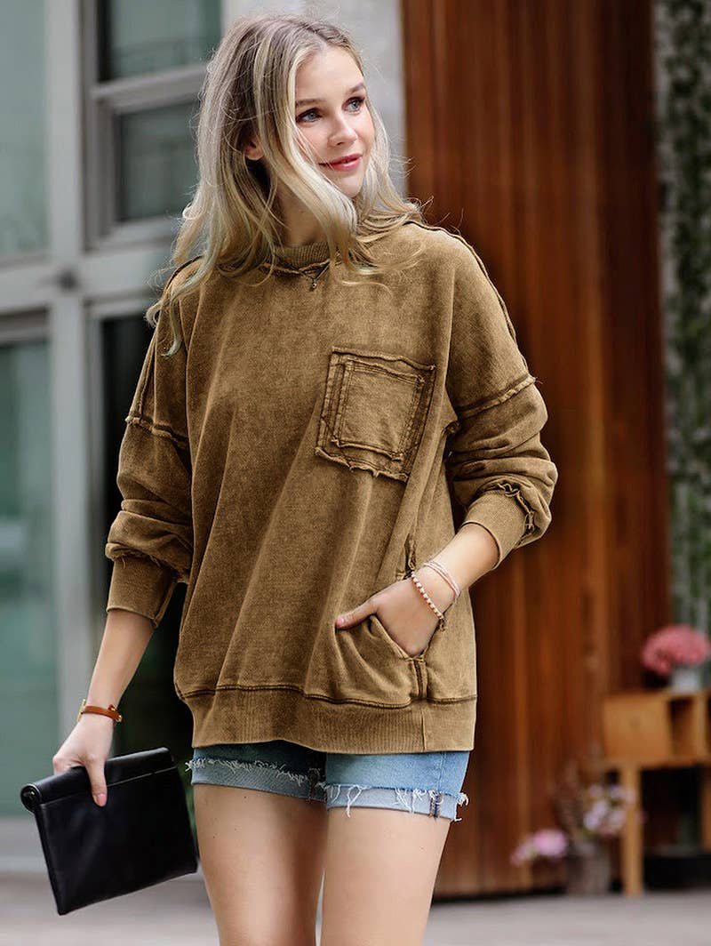 French terry washed pullover w/ side pocket