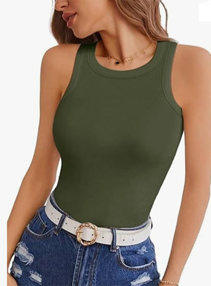 Round Neck Sleeveless Ribbed Shirt Slim Fit Top