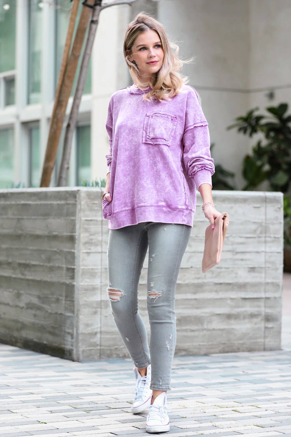 French terry washed pullover w/ side pocket